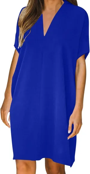 Dresses for Women V Neck Spring Summer Ruffle Short Sleeve Simple Mini Dress Casual Flowy Shift Graduation Dress with Pockets