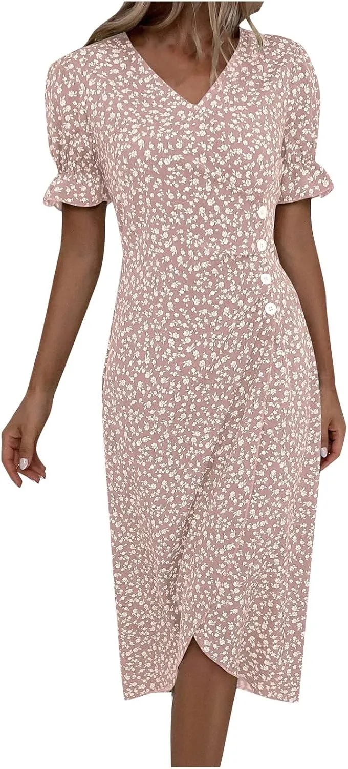 Dresses Women Wrap Midi Dresses for Women Puff Sleeve Summer Summer Dresses Women Ethnic Style