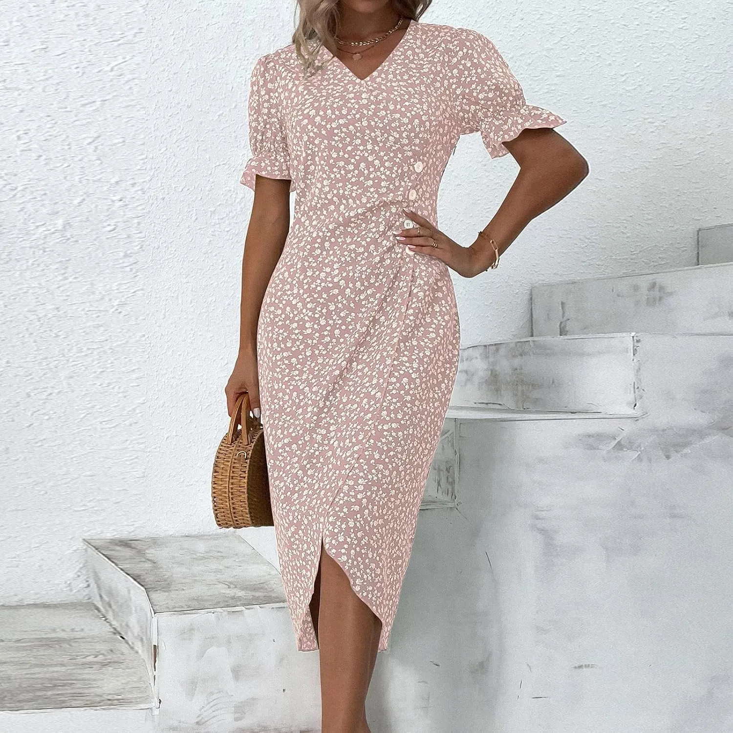 Dresses Women Wrap Midi Dresses for Women Puff Sleeve Summer Summer Dresses Women Ethnic Style