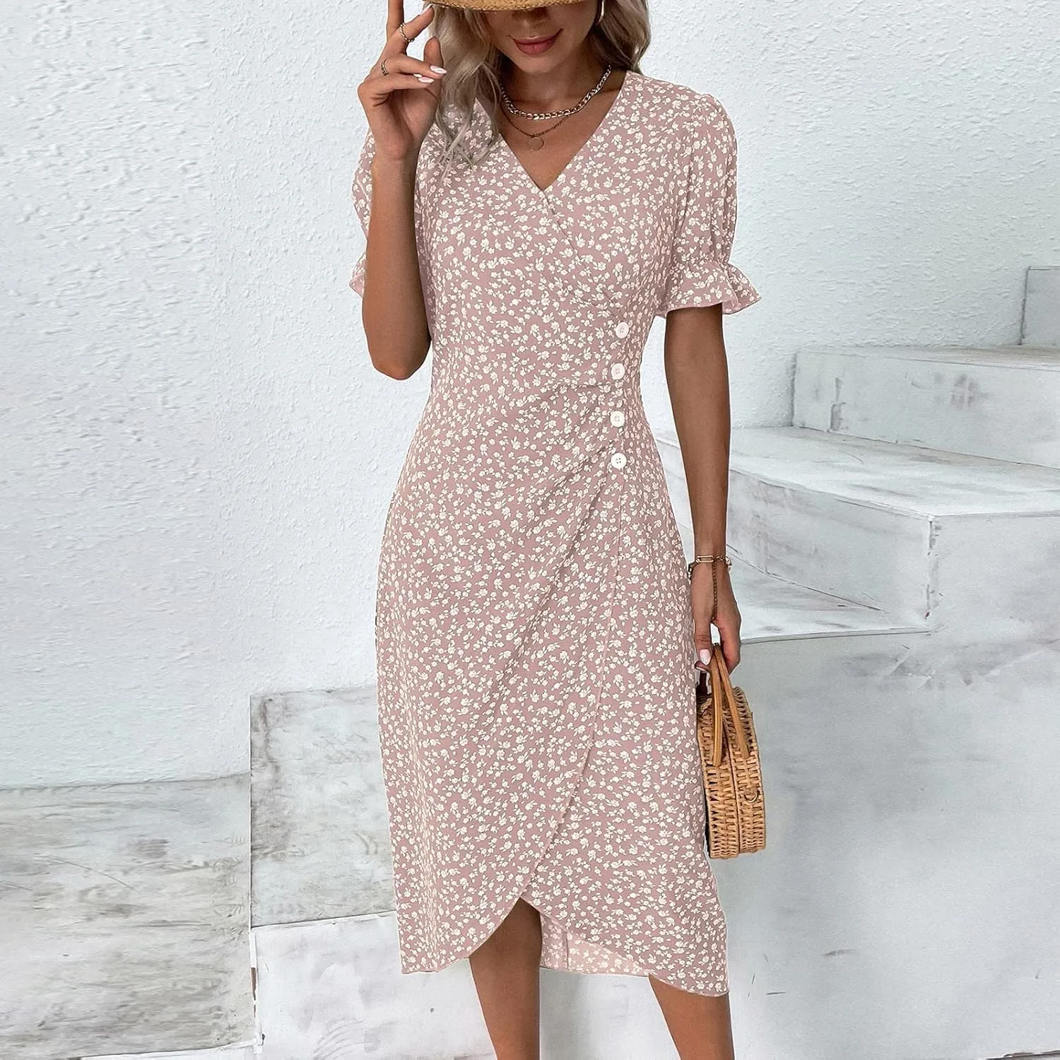 Dresses Women Wrap Midi Dresses for Women Puff Sleeve Summer Summer Dresses Women Ethnic Style
