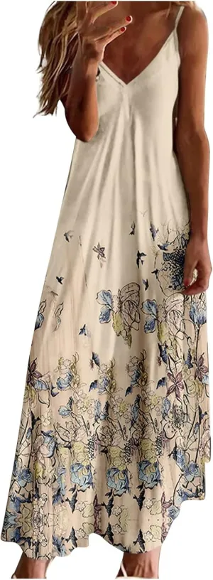 Early Prime Access Women's Summer Spaghetti Strap Elegant Long Dresses Plus Size Vacation Flowy Beach Dress Loose Floor Length Dress Maxi Dresses for Women 2024 Yellow XL