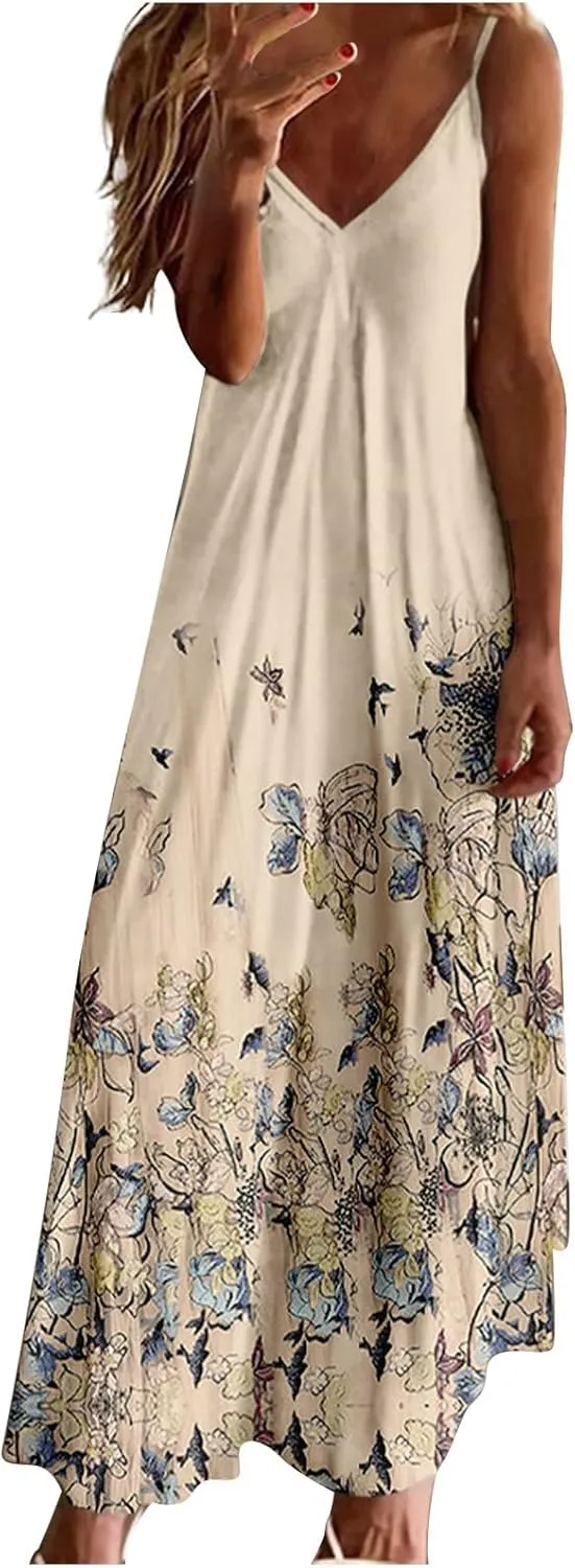 Early Prime Access Women's Summer Spaghetti Strap Elegant Long Dresses Plus Size Vacation Flowy Beach Dress Loose Floor Length Dress Maxi Dresses for Women 2024 Yellow XL