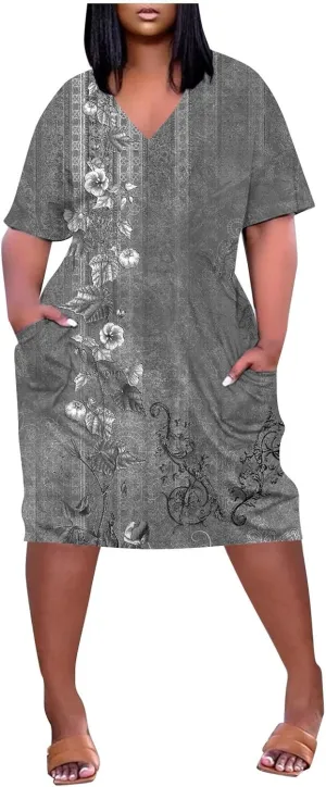 Eduavar Midi Dresses for Women 2024, Plus Size Summer Dresses for Women Lightweight V Neck Short Sleeve Floral Print Dress