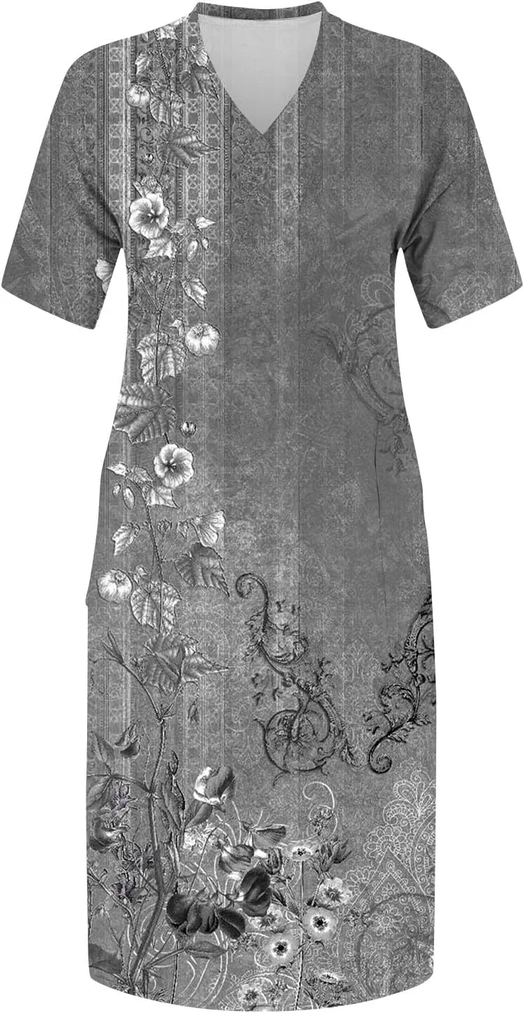 Eduavar Midi Dresses for Women 2024, Plus Size Summer Dresses for Women Lightweight V Neck Short Sleeve Floral Print Dress
