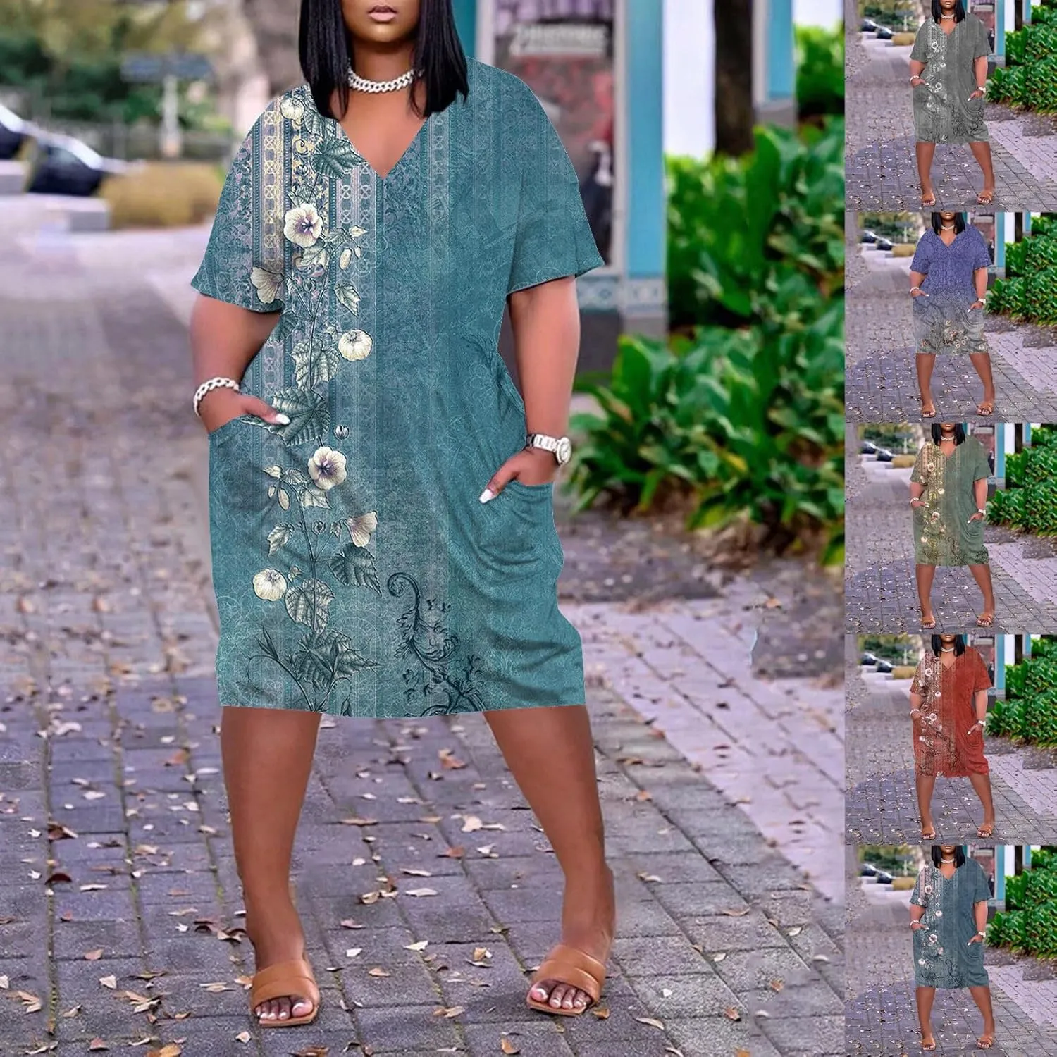 Eduavar Midi Dresses for Women 2024, Plus Size Summer Dresses for Women Lightweight V Neck Short Sleeve Floral Print Dress