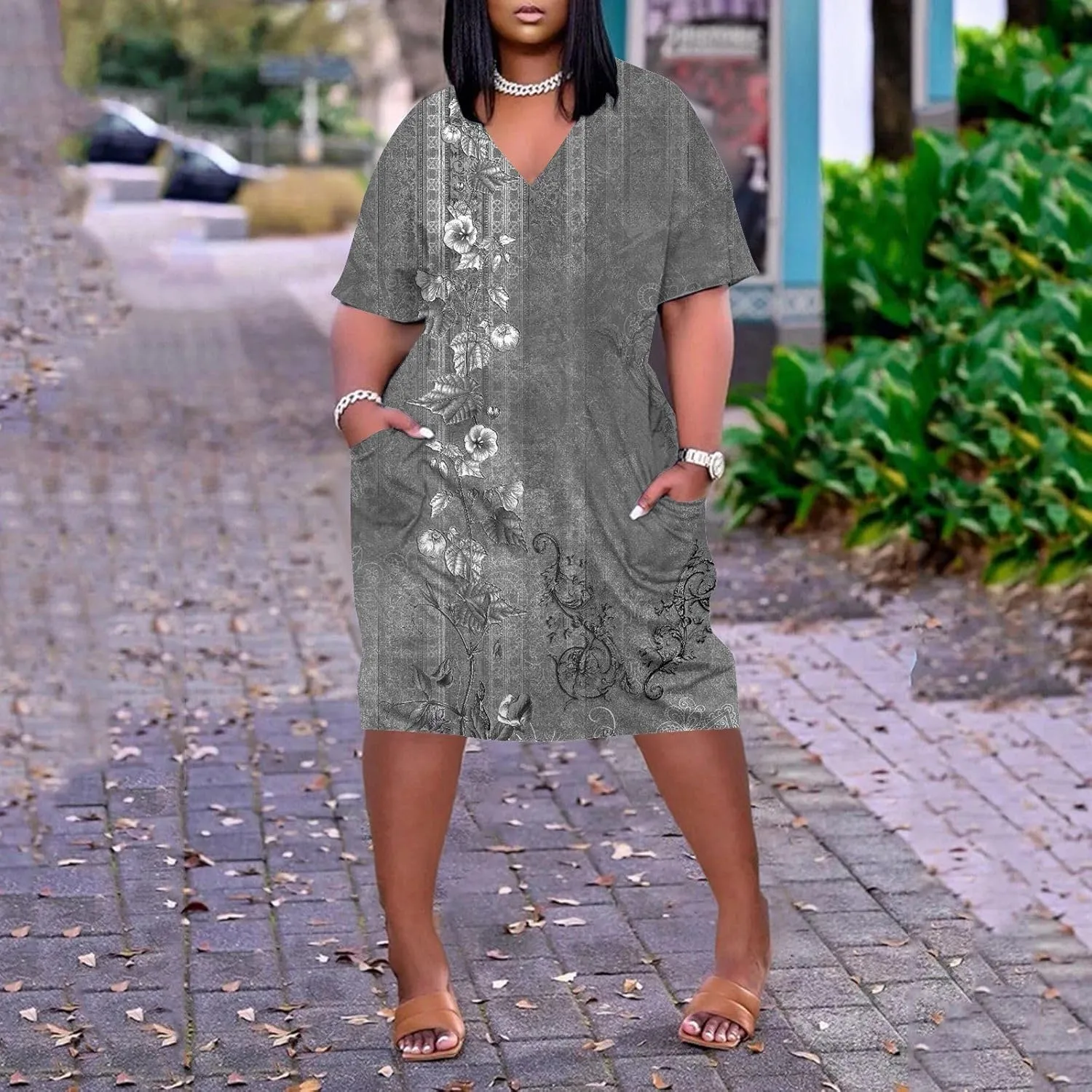 Eduavar Midi Dresses for Women 2024, Plus Size Summer Dresses for Women Lightweight V Neck Short Sleeve Floral Print Dress