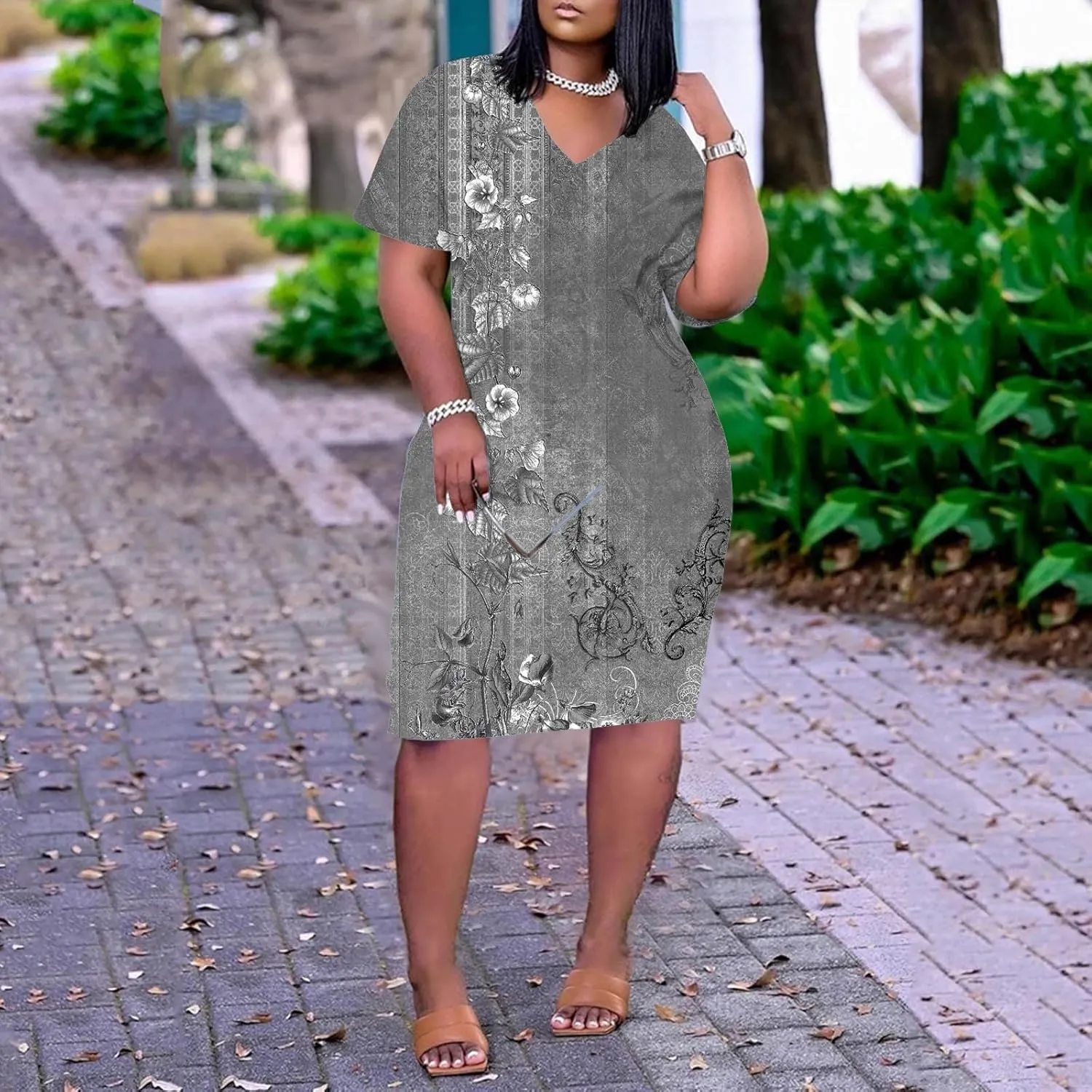Eduavar Midi Dresses for Women 2024, Plus Size Summer Dresses for Women Lightweight V Neck Short Sleeve Floral Print Dress