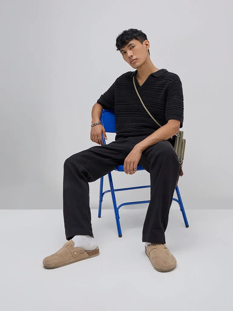 ETA Black Knit-Textured Relaxed-Fit Polo T-Shirt