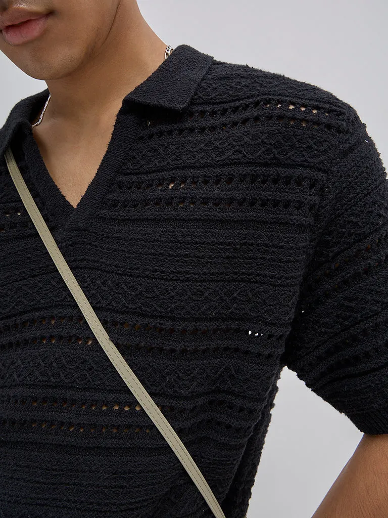 ETA Black Knit-Textured Relaxed-Fit Polo T-Shirt