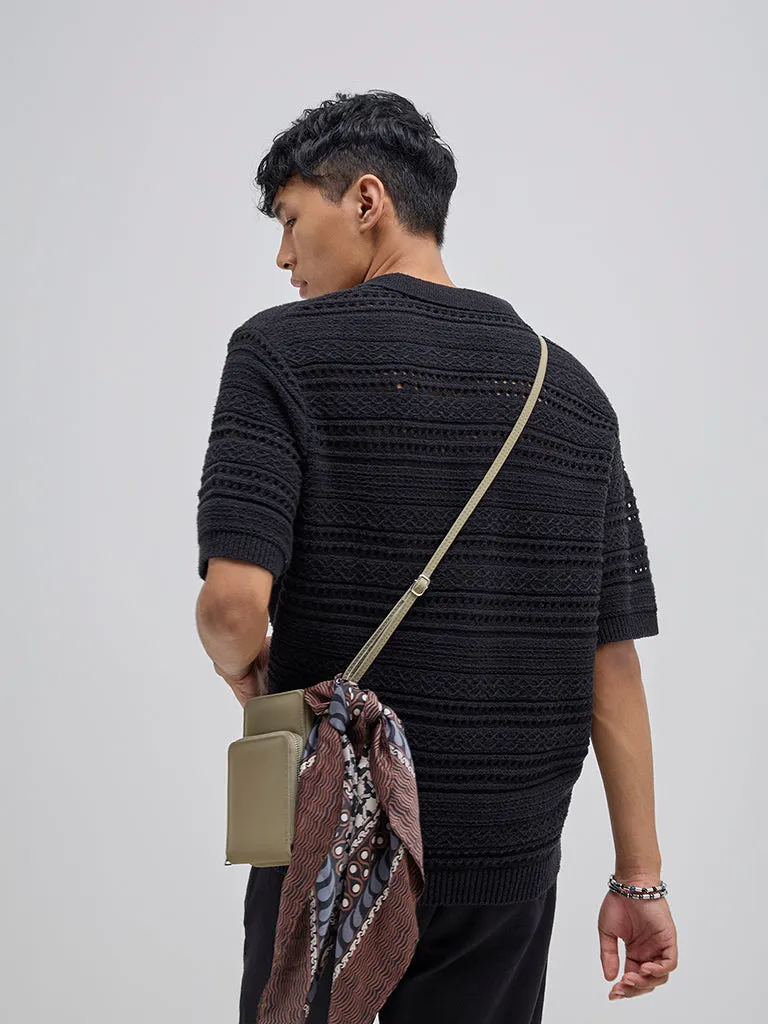 ETA Black Knit-Textured Relaxed-Fit Polo T-Shirt