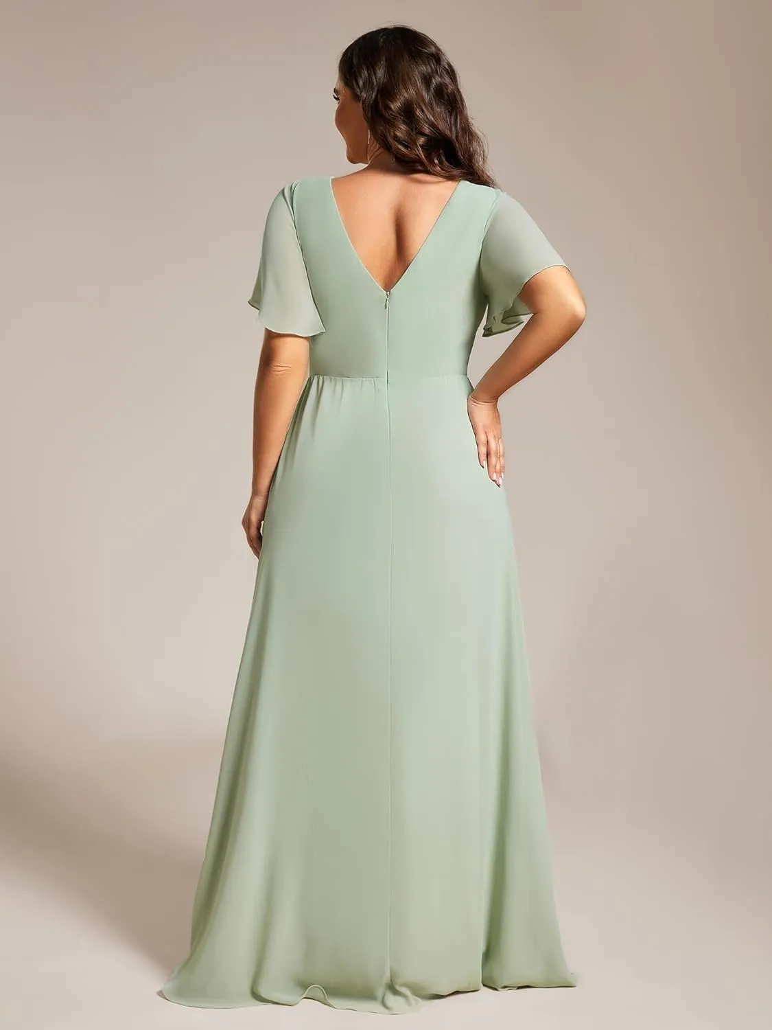 Ever-Pretty Plus Women's V Neck Chiffon Ruched Ruffles Sleeves Side Slit Floor Length Plus Size Bridesmaid Dresses S0050-DA