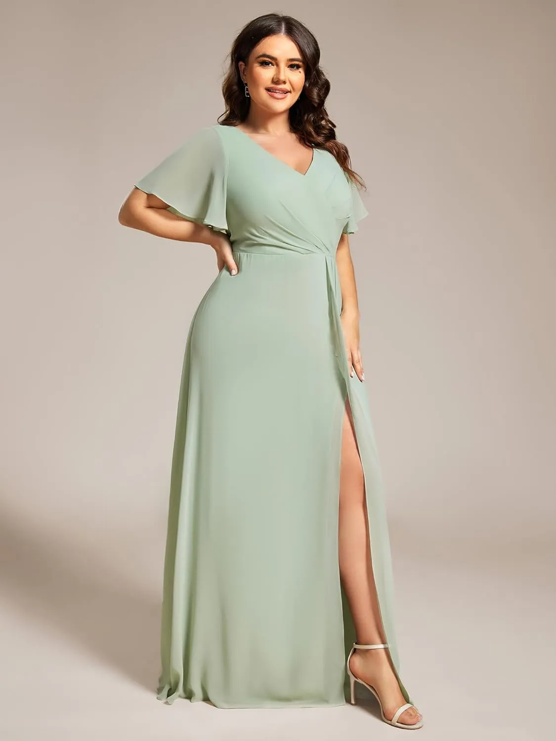 Ever-Pretty Plus Women's V Neck Chiffon Ruched Ruffles Sleeves Side Slit Floor Length Plus Size Bridesmaid Dresses S0050-DA