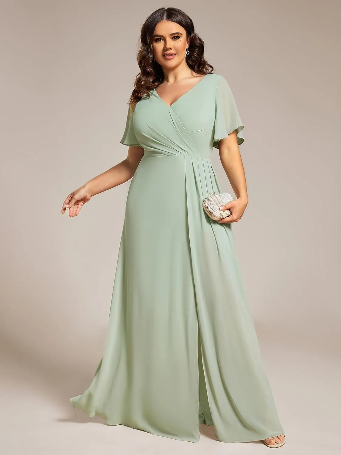 Ever-Pretty Plus Women's V Neck Chiffon Ruched Ruffles Sleeves Side Slit Floor Length Plus Size Bridesmaid Dresses S0050-DA