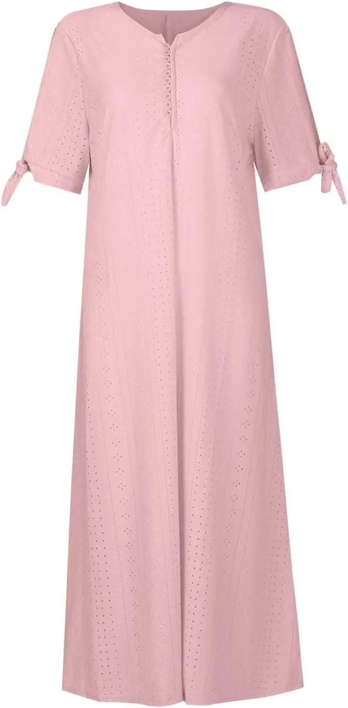 Eyelet Dress for Women Boho Summer Beach Vacation Loose Short Sleeve Cold Shoulder Shift Midi Dress with Pockets