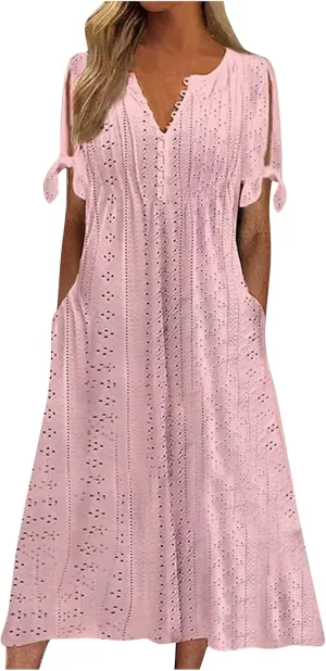 Eyelet Dress for Women Boho Summer Beach Vacation Loose Short Sleeve Cold Shoulder Shift Midi Dress with Pockets