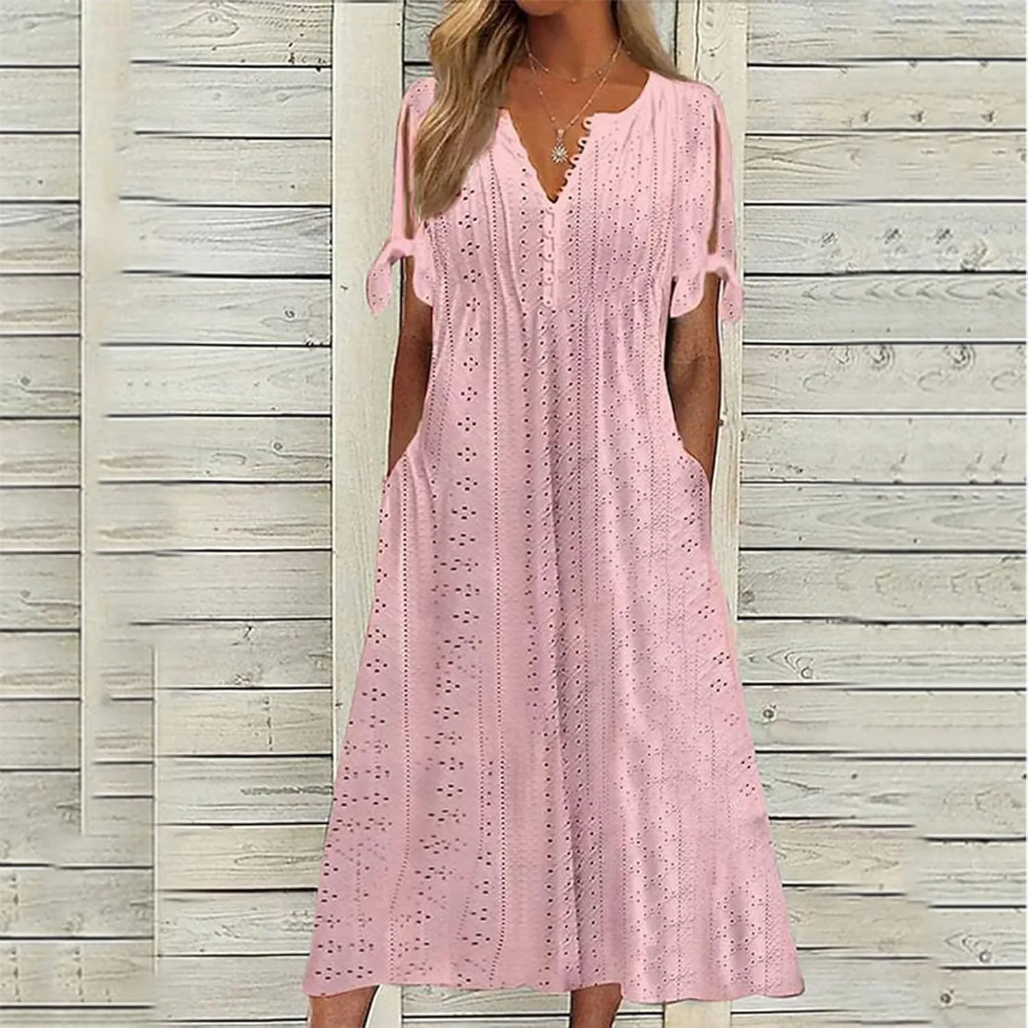 Eyelet Dress for Women Boho Summer Beach Vacation Loose Short Sleeve Cold Shoulder Shift Midi Dress with Pockets