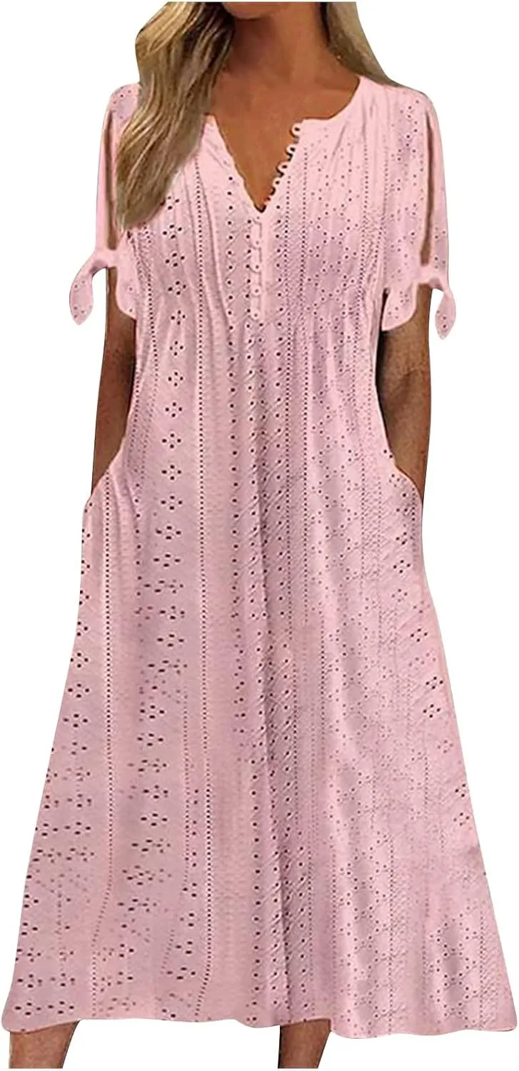 Eyelet Dress for Women Boho Summer Beach Vacation Loose Short Sleeve Cold Shoulder Shift Midi Dress with Pockets