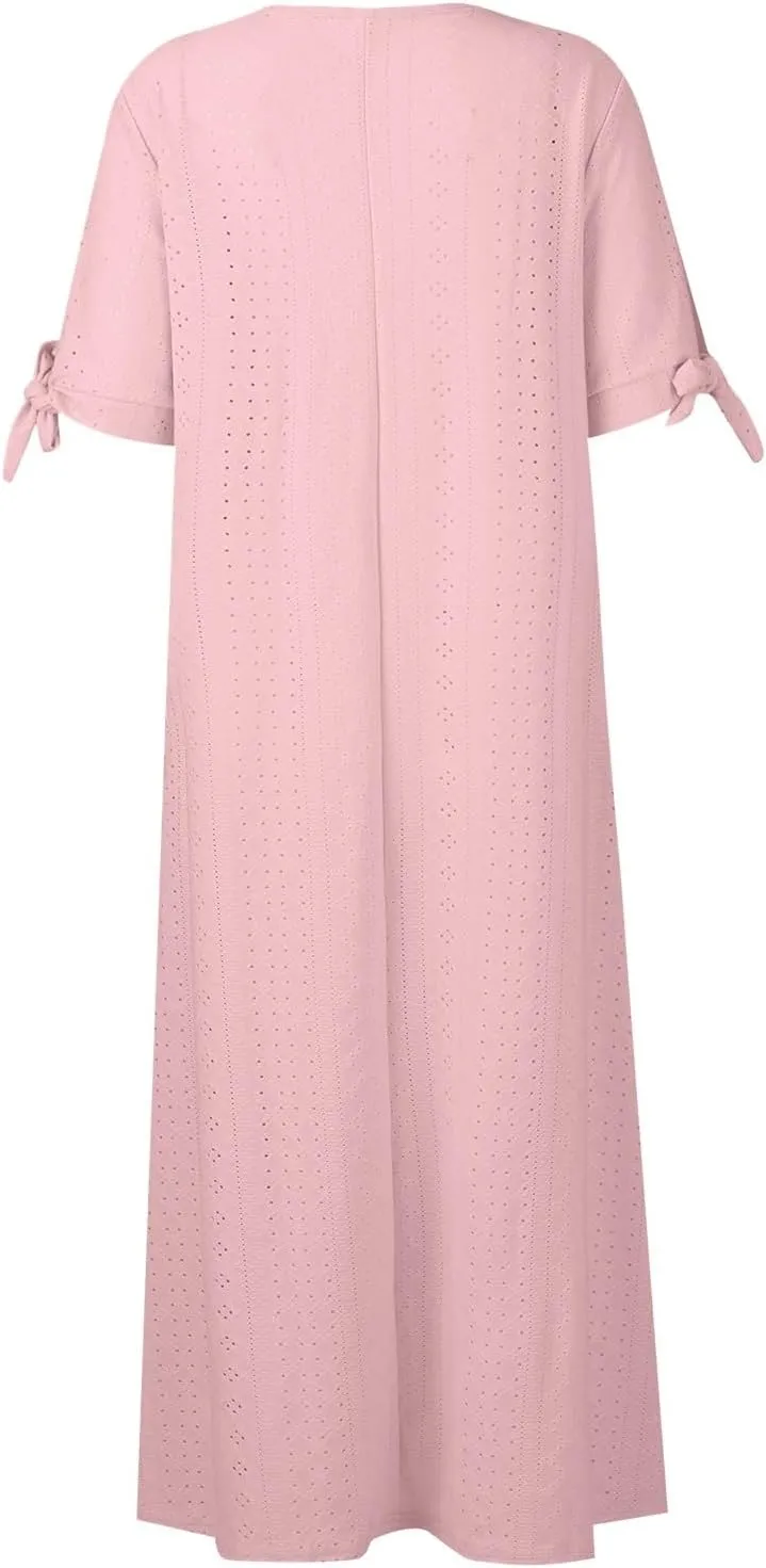 Eyelet Dress for Women Boho Summer Beach Vacation Loose Short Sleeve Cold Shoulder Shift Midi Dress with Pockets