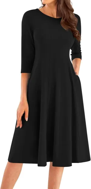 Fall Dresses for Women 2024 Casual A Line 3/4 Sleeve Crew Neck Flowy Pleated Midi Tshirt Dress with Pockets