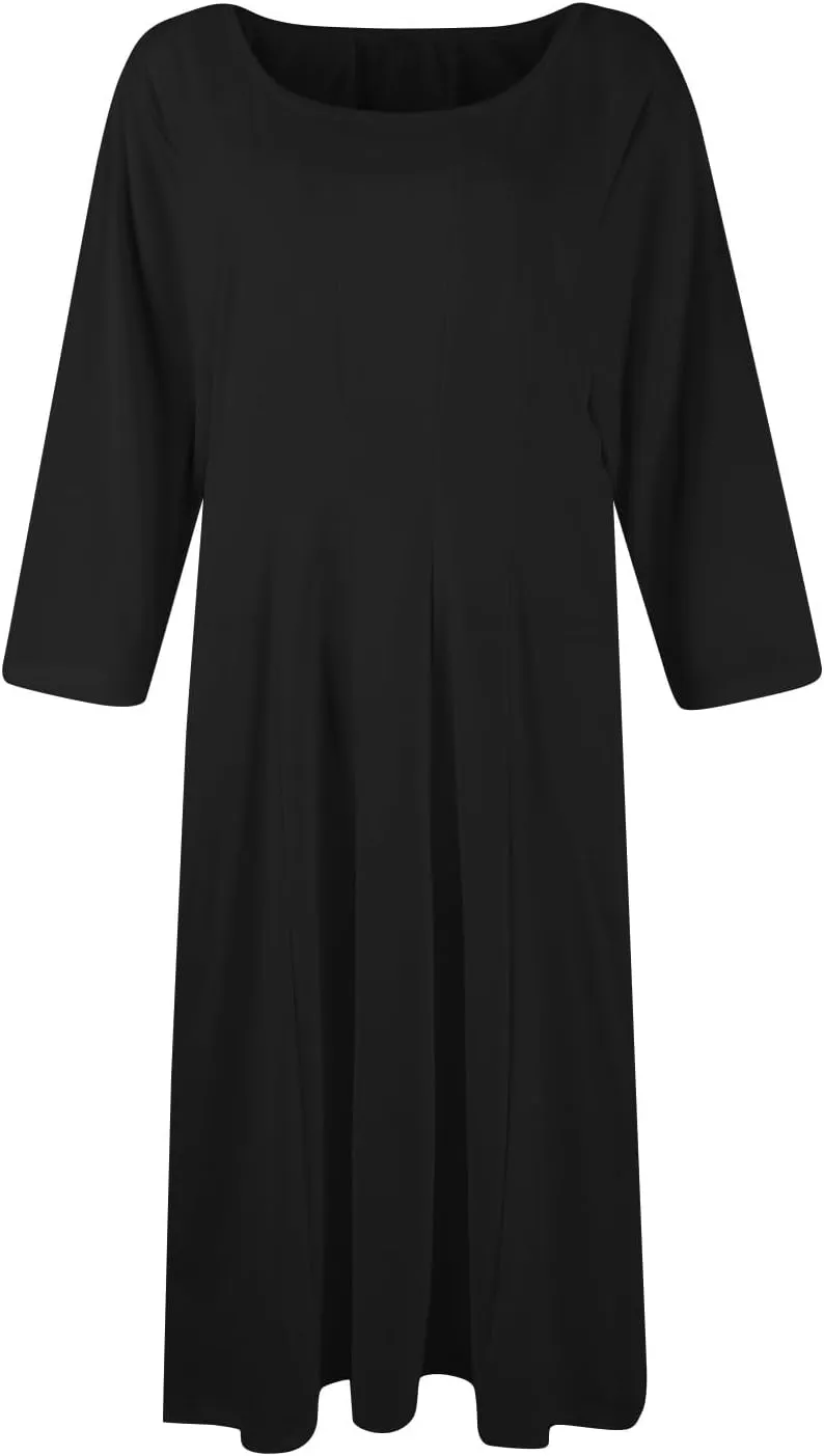 Fall Dresses for Women 2024 Casual A Line 3/4 Sleeve Crew Neck Flowy Pleated Midi Tshirt Dress with Pockets