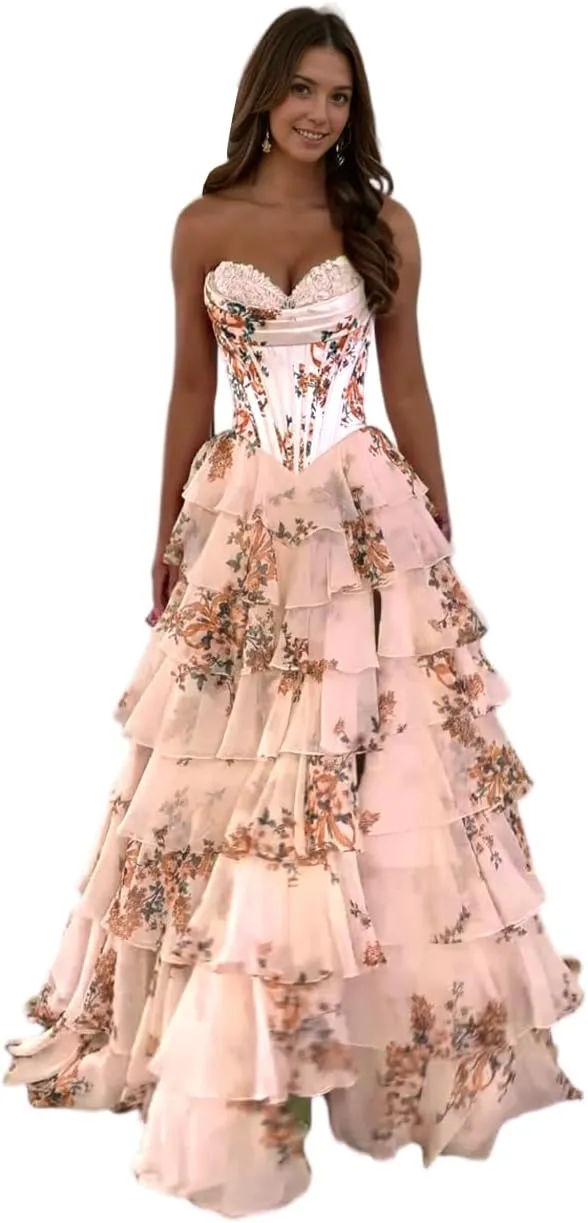 FANGHEIA Floral Print Prom Dresses 2025 Strapless Chiffon Tiered Corset Formal Dress Evening Party Gown with Slit