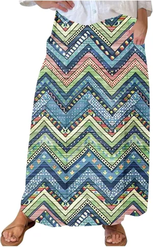 Fashion Skirts for Women Boho Graphic Trendy Beach Skirt Stretchy Pleated Plus Size Loose Western Skirt with Pocket