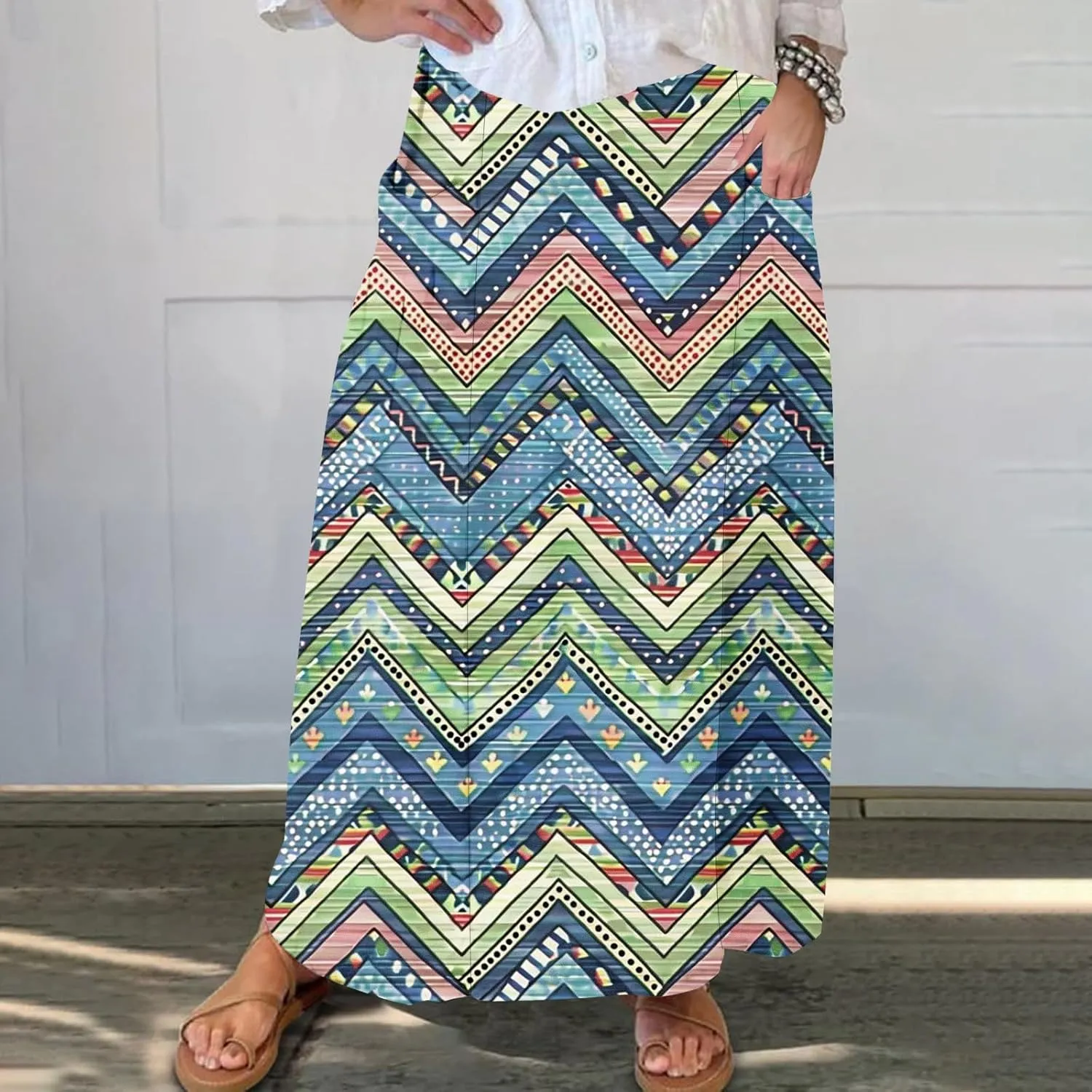 Fashion Skirts for Women Boho Graphic Trendy Beach Skirt Stretchy Pleated Plus Size Loose Western Skirt with Pocket