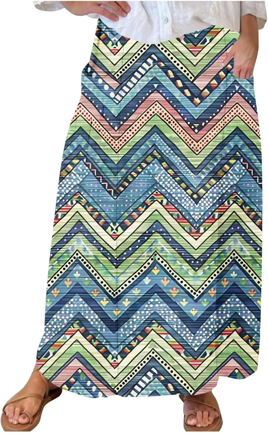 Fashion Skirts for Women Boho Graphic Trendy Beach Skirt Stretchy Pleated Plus Size Loose Western Skirt with Pocket
