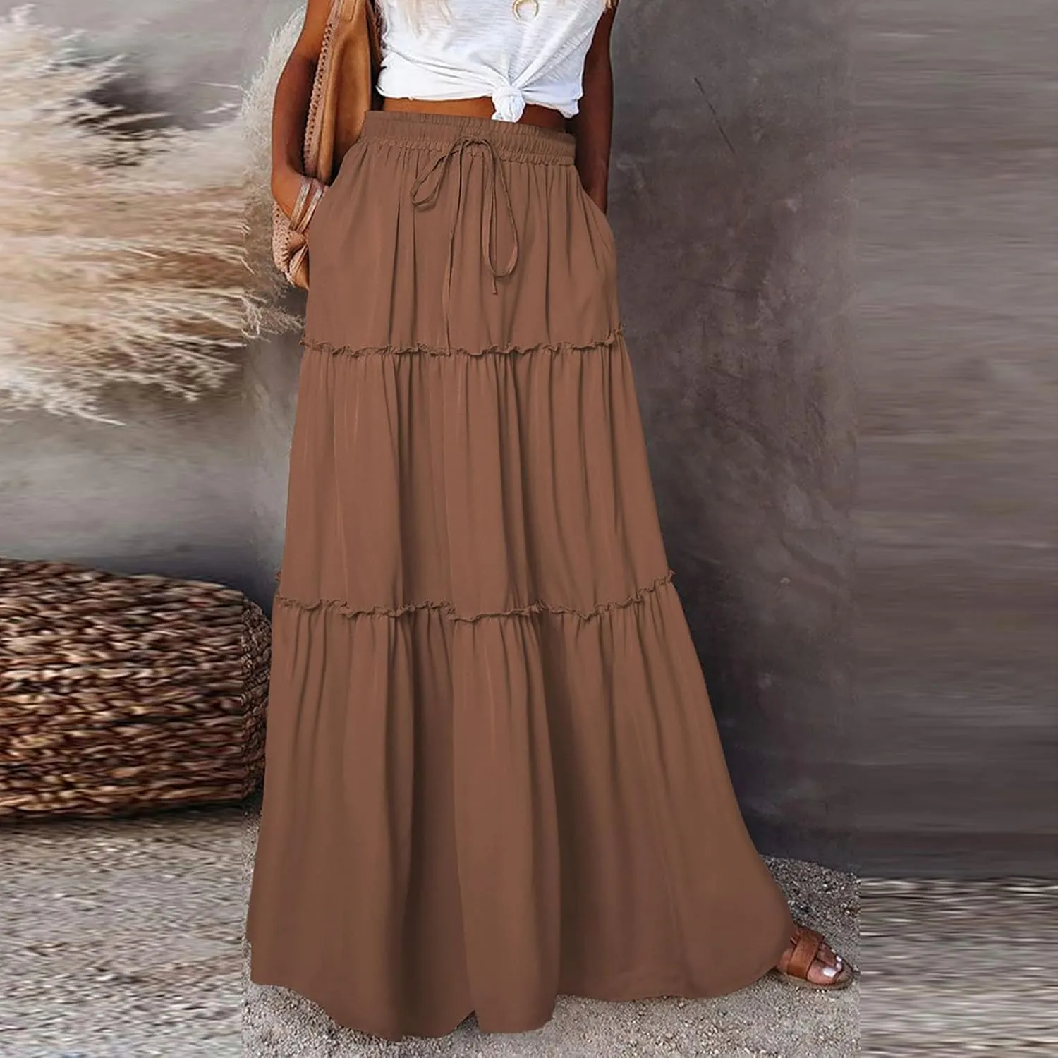 FlekmanArt Pleated Long Skirts for Women Summer Casual Elastic High Waisted Skirts A-Line Flowy Swing Maxi Skirt with Pockets