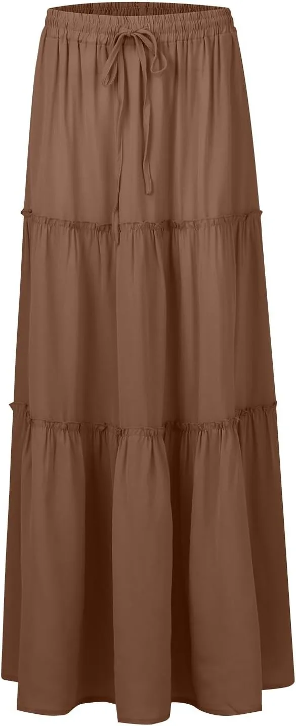 FlekmanArt Pleated Long Skirts for Women Summer Casual Elastic High Waisted Skirts A-Line Flowy Swing Maxi Skirt with Pockets