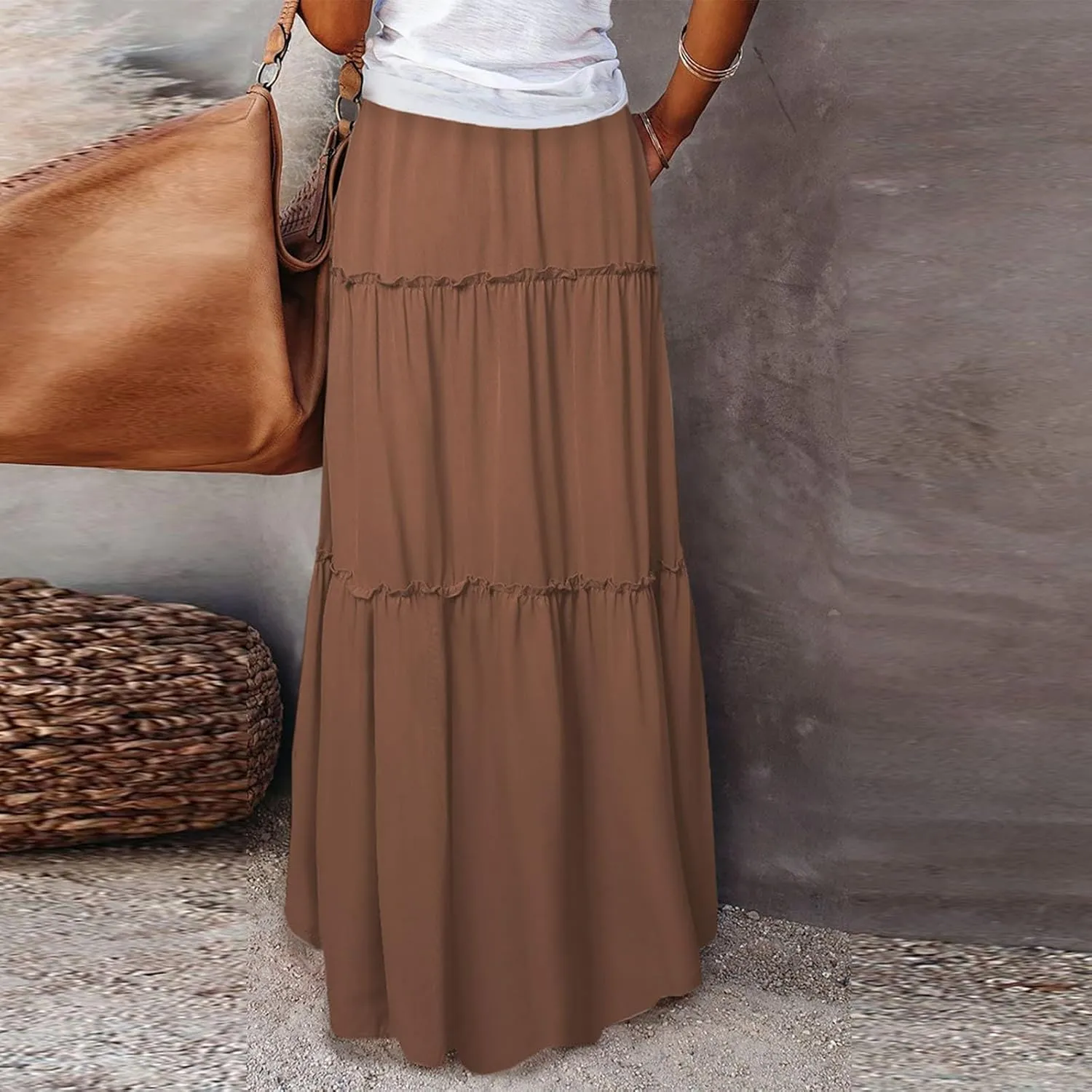 FlekmanArt Pleated Long Skirts for Women Summer Casual Elastic High Waisted Skirts A-Line Flowy Swing Maxi Skirt with Pockets
