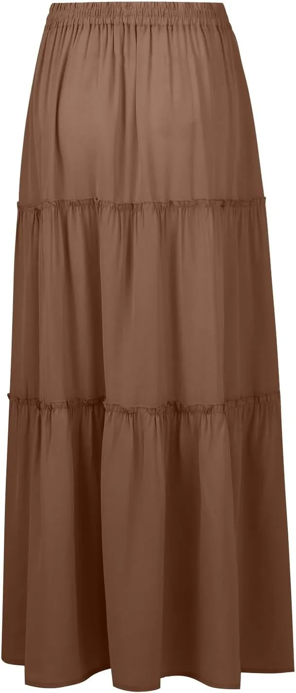 FlekmanArt Pleated Long Skirts for Women Summer Casual Elastic High Waisted Skirts A-Line Flowy Swing Maxi Skirt with Pockets