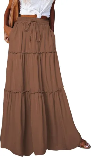 FlekmanArt Pleated Long Skirts for Women Summer Casual Elastic High Waisted Skirts A-Line Flowy Swing Maxi Skirt with Pockets