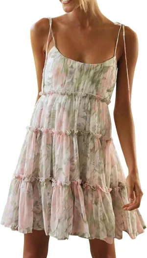 Floral Dress for Women Adjustable Spaghetti Strap Sexy Low-Cut Mini Dress Summer Tiered Flowy Boho Beach Sundresses