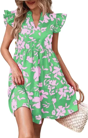 Floral Dress for Women Summer V Neck Ruffle Cap Sleeve Midi Dresses Flowy Boho Casual Beach Vacation Dress