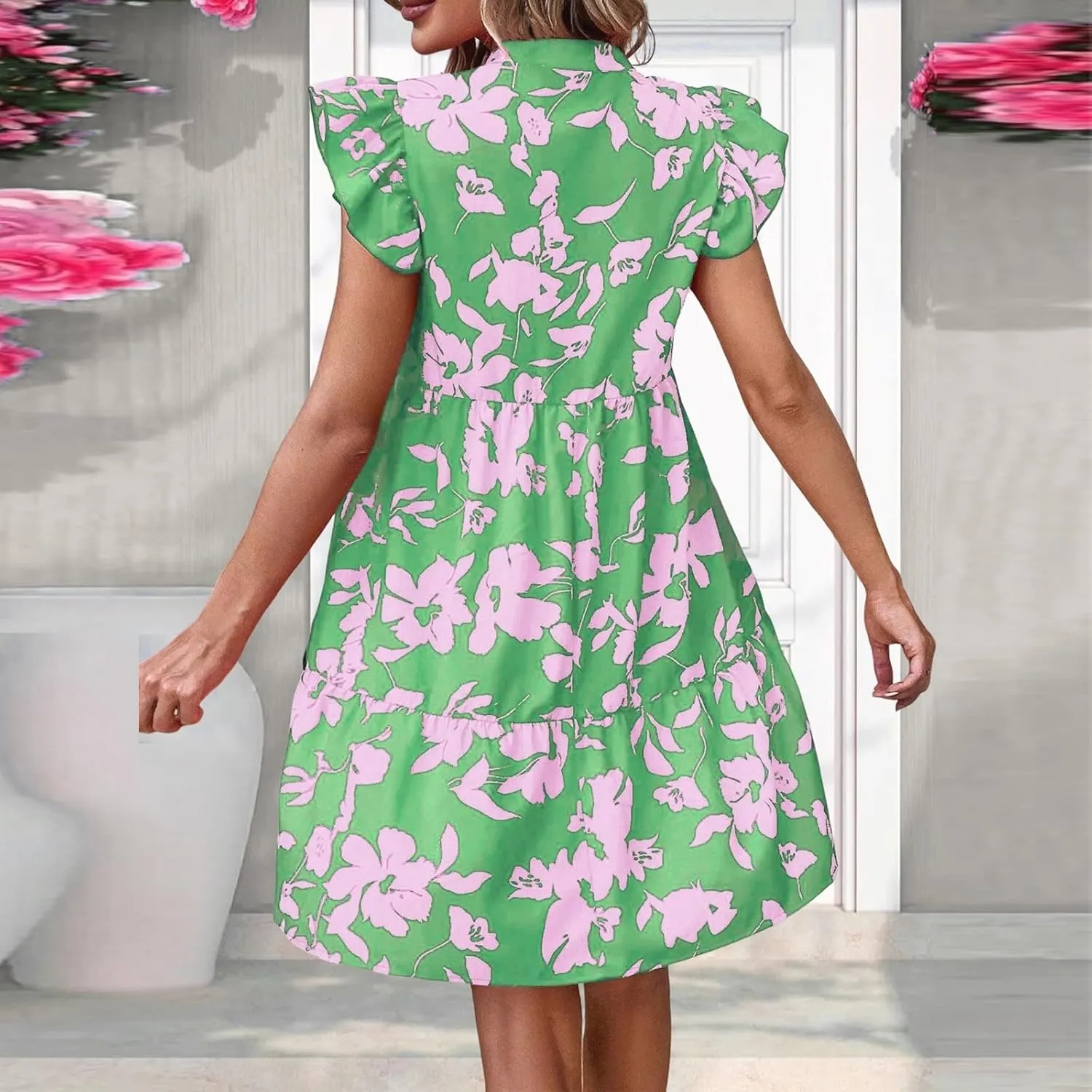 Floral Dress for Women Summer V Neck Ruffle Cap Sleeve Midi Dresses Flowy Boho Casual Beach Vacation Dress