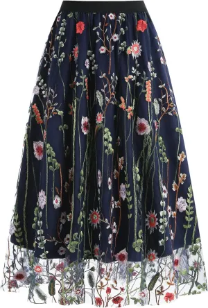 Floral Embroidered Women's Skirts - Vintage Tulle Wedding & Prom A-Line Flower Skirts with Elastic Waist