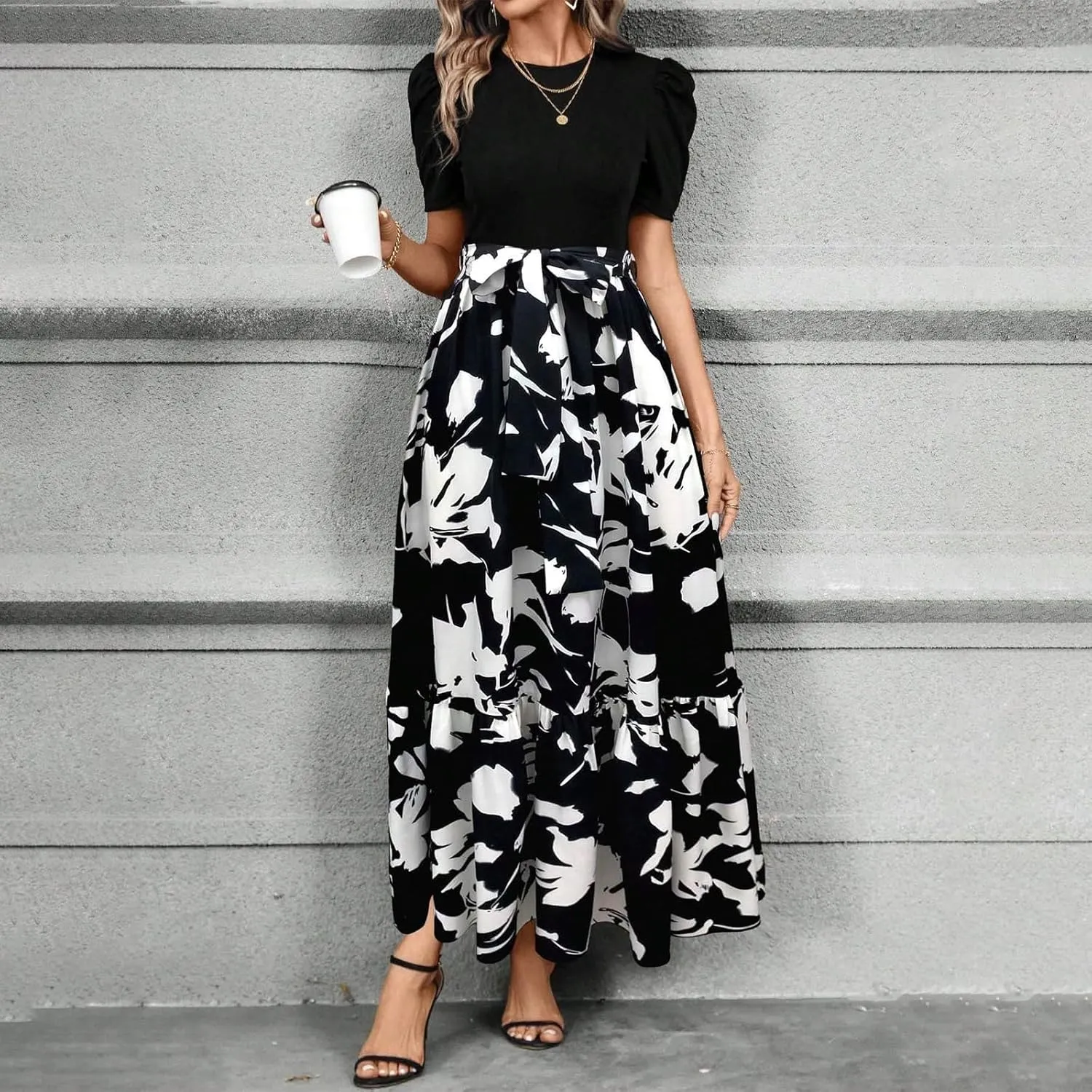 Floral Maxi Dress for Women Summer Wedding Guest Short Sleeve Empire Waist Tie Front Belted Patchwork Wrap Dress