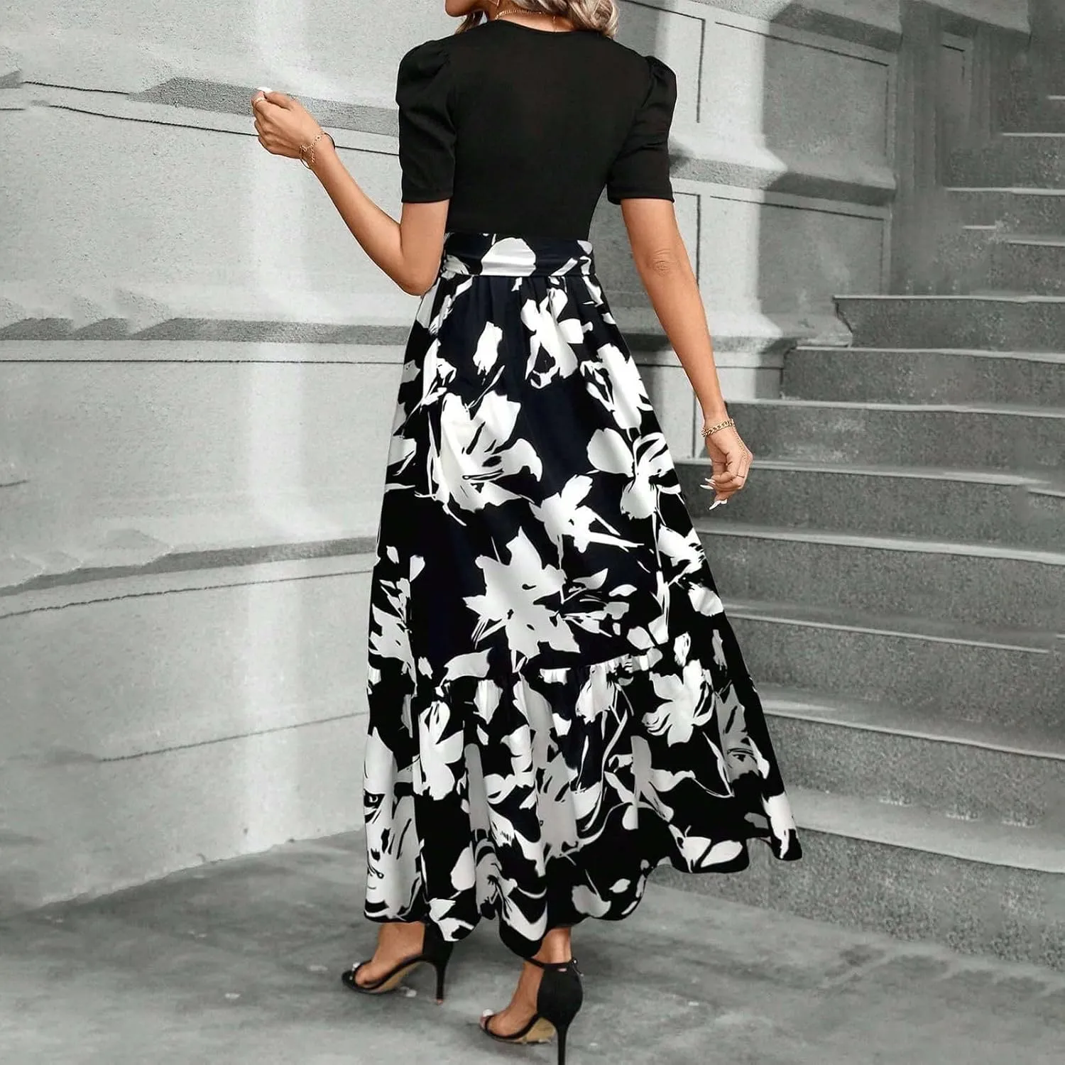 Floral Maxi Dress for Women Summer Wedding Guest Short Sleeve Empire Waist Tie Front Belted Patchwork Wrap Dress