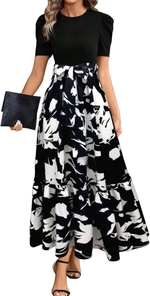 Floral Maxi Dress for Women Summer Wedding Guest Short Sleeve Empire Waist Tie Front Belted Patchwork Wrap Dress