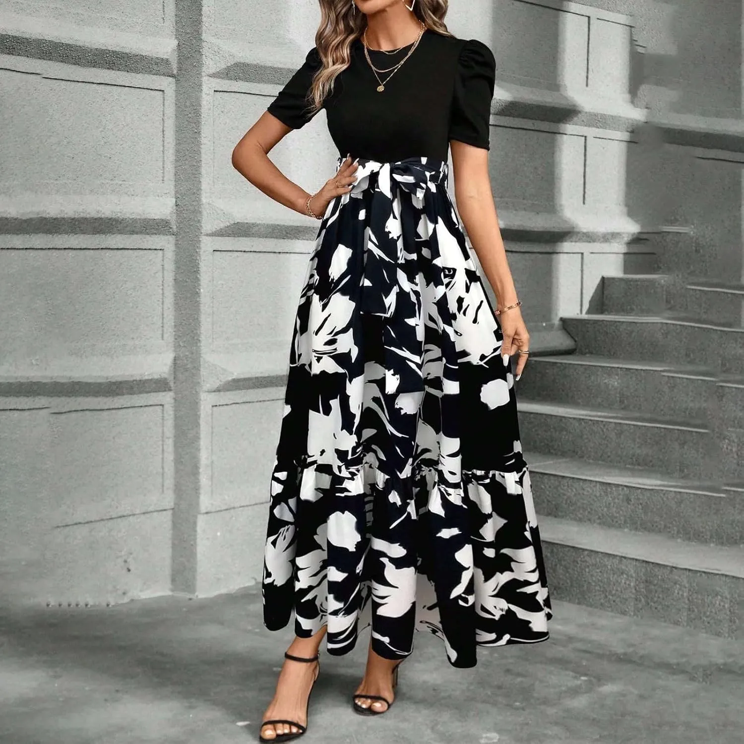 Floral Maxi Dress for Women Summer Wedding Guest Short Sleeve Empire Waist Tie Front Belted Patchwork Wrap Dress