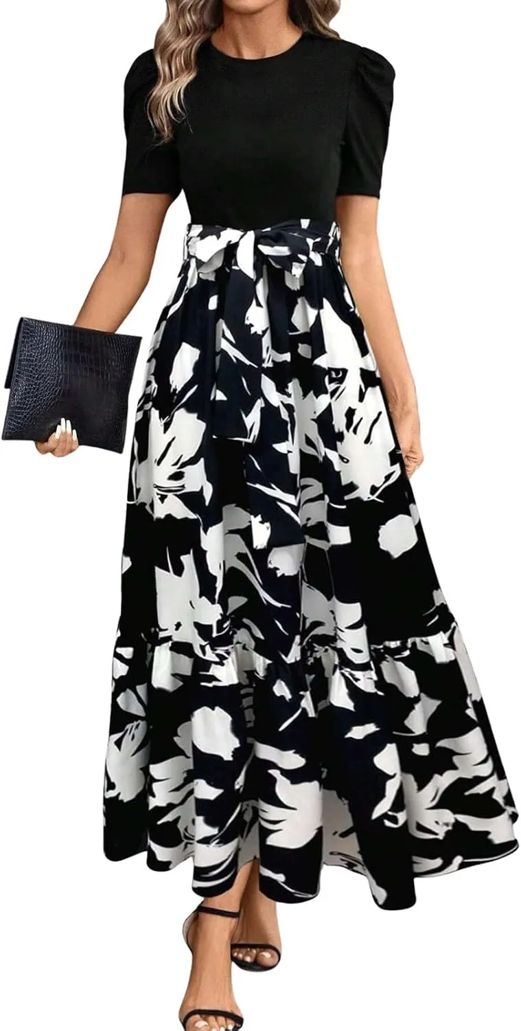 Floral Maxi Dress for Women Summer Wedding Guest Short Sleeve Empire Waist Tie Front Belted Patchwork Wrap Dress