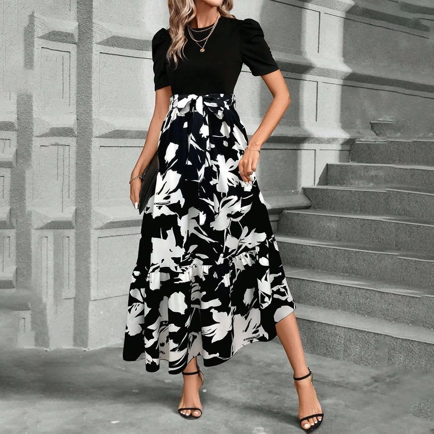 Floral Maxi Dress for Women Summer Wedding Guest Short Sleeve Empire Waist Tie Front Belted Patchwork Wrap Dress