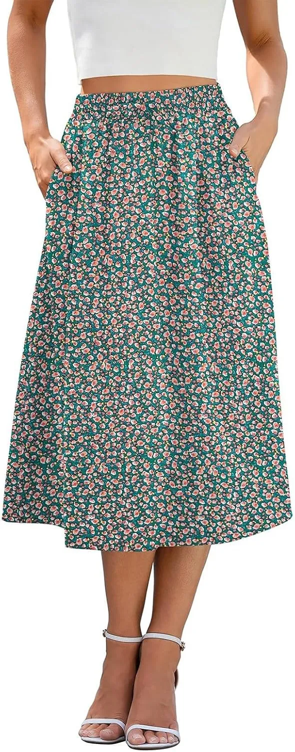 Floral Midi Skirt for Women Casual Drawstring Waist A-Line Skirts with Pockets Flowy Vintage Pleated Midi Skirts