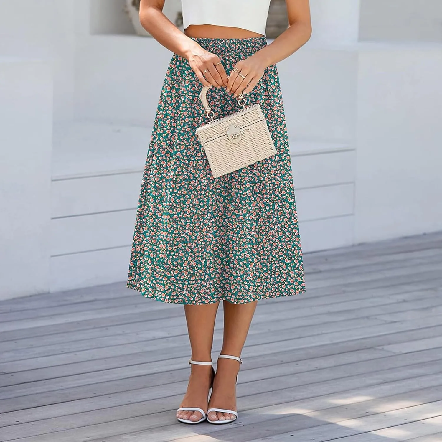 Floral Midi Skirt for Women Casual Drawstring Waist A-Line Skirts with Pockets Flowy Vintage Pleated Midi Skirts