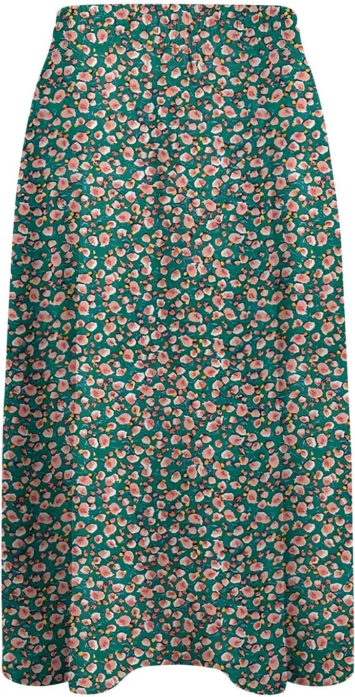 Floral Midi Skirt for Women Casual Drawstring Waist A-Line Skirts with Pockets Flowy Vintage Pleated Midi Skirts