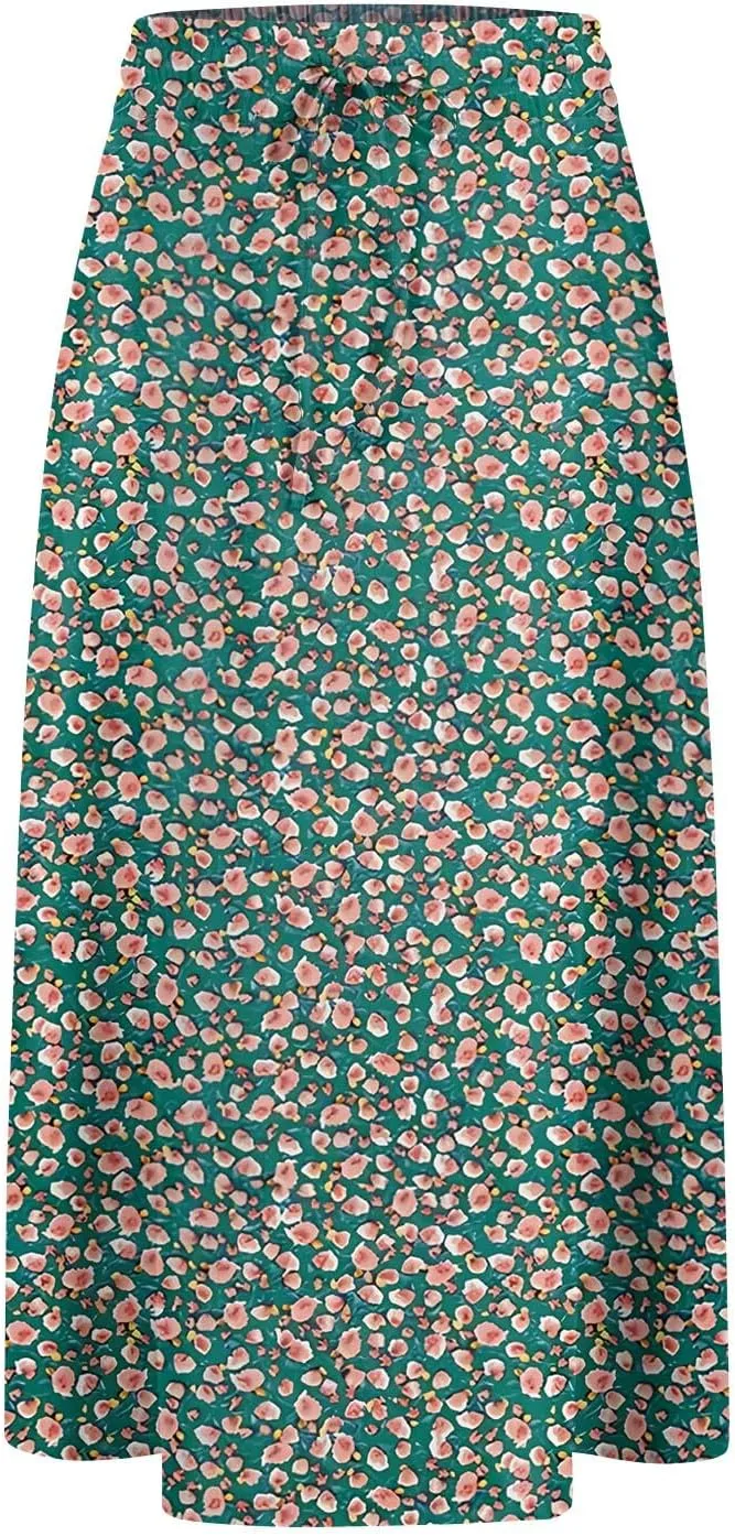 Floral Midi Skirt for Women Casual Drawstring Waist A-Line Skirts with Pockets Flowy Vintage Pleated Midi Skirts