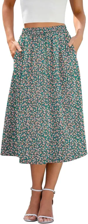 Floral Midi Skirt for Women Casual Drawstring Waist A-Line Skirts with Pockets Flowy Vintage Pleated Midi Skirts