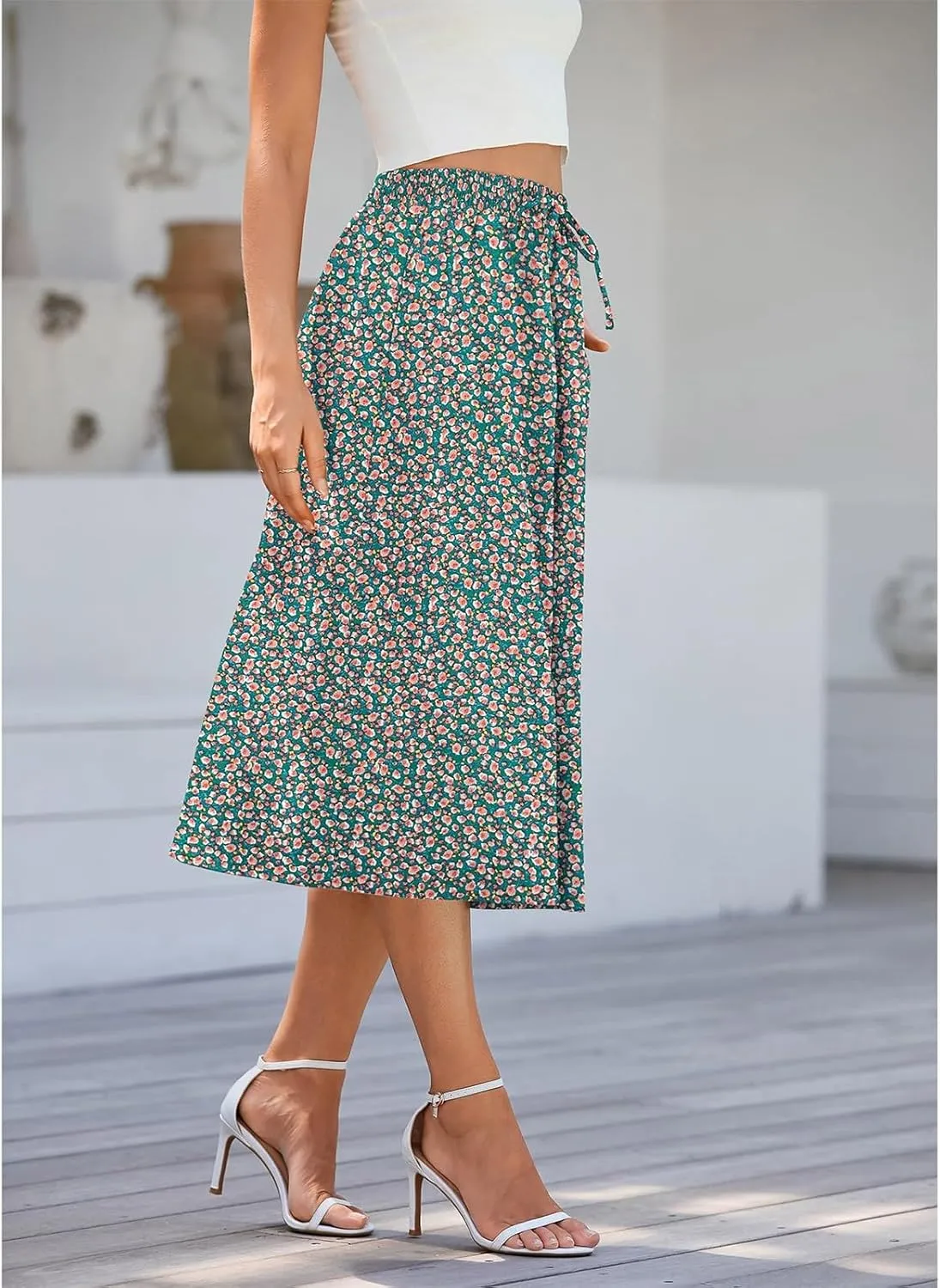 Floral Midi Skirt for Women Casual Drawstring Waist A-Line Skirts with Pockets Flowy Vintage Pleated Midi Skirts