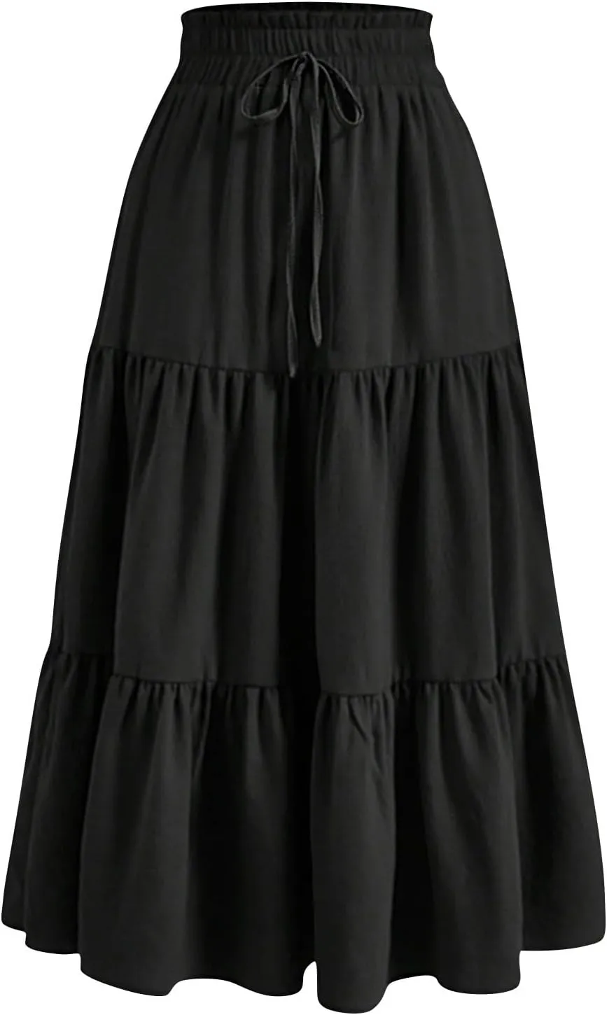 Floral Midi Skirts for Women Summer Flowy Tiered Skirt Drawstring Summer Knee Length A Line Skirts with Pockets